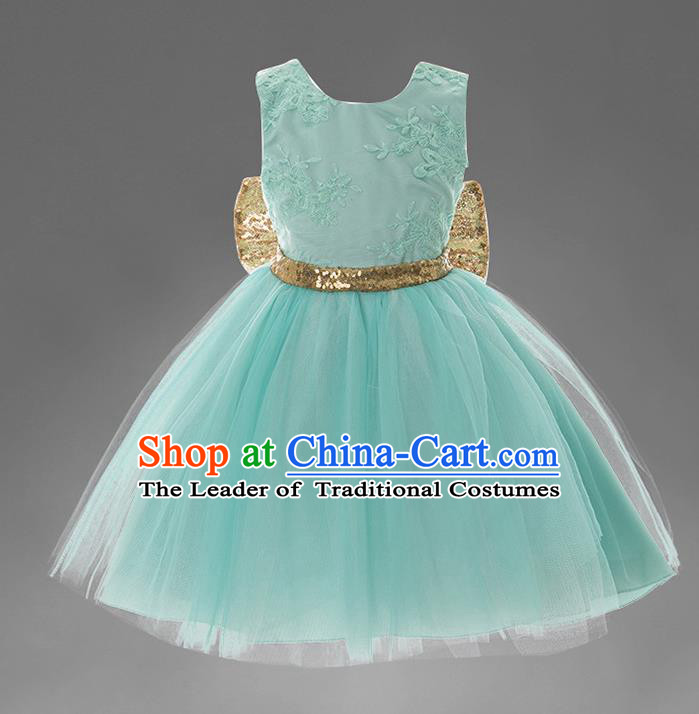 Children Models Show Costume Catwalks Stage Performance Bowknot Green Veil Dress for Kids