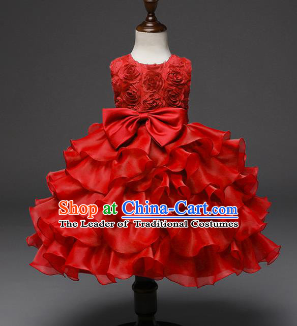 Top Grade Children Catwalks Costume Princess Stage Performance Bowknot Red Bubble Dress for Kids