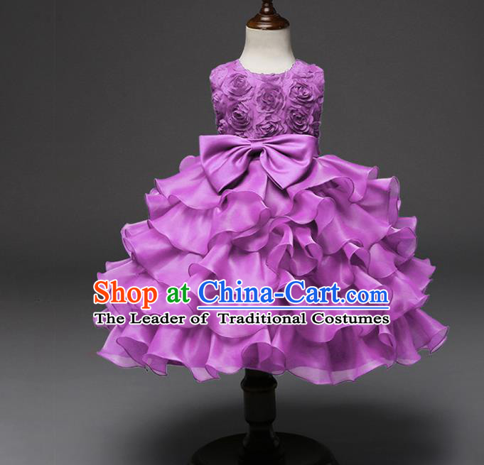 Top Grade Children Catwalks Costume Princess Stage Performance Bowknot Purple Bubble Dress for Kids