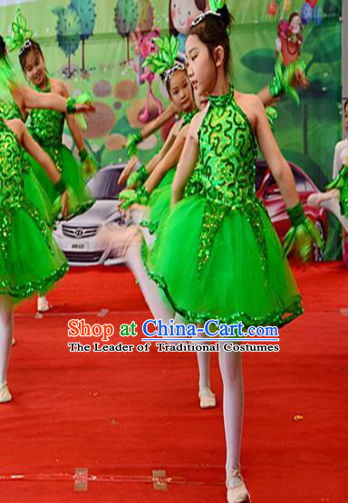 Top Grade Children Catwalks Costume Folk Dance Stage Performance Green Dress for Kids