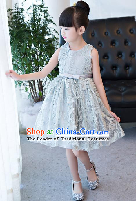 Top Grade Children Catwalks Costume Modern Dance Stage Performance Blue Lace Dress for Kids