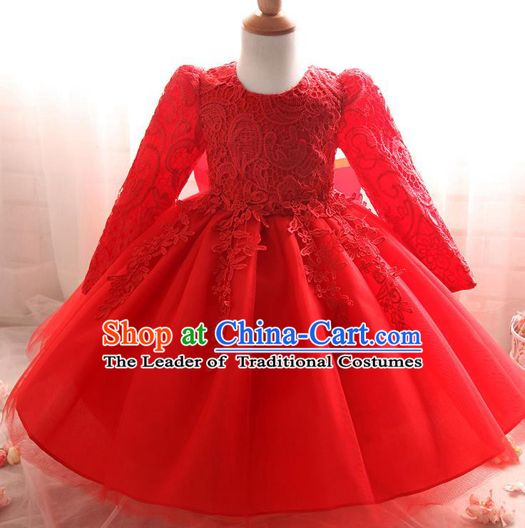 Top Grade Children Catwalks Costume Modern Dance Stage Performance Compere Red Lace Dress for Kids