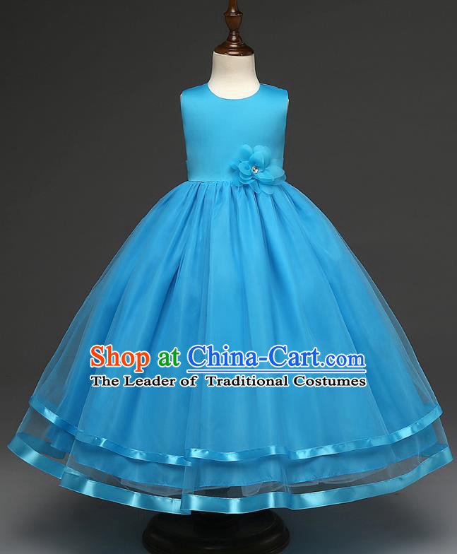 Top Grade Children Catwalks Costume Modern Dance Stage Performance Compere Blue Full Dress for Kids