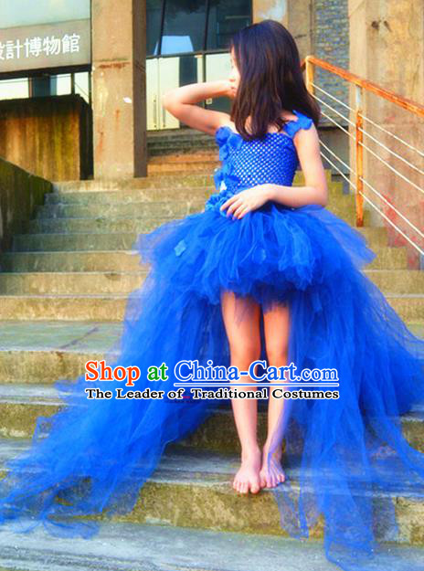 Children Models Show Costume Catwalks Stage Performance Royalblue Trailing Dress for Kids