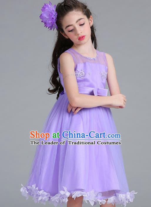 Children Models Show Compere Costume Stage Performance Girls Princess Purple Full Dress for Kids