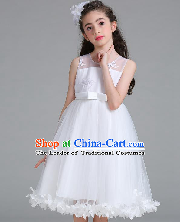 Children Models Show Compere Costume Stage Performance Girls Princess White Full Dress for Kids