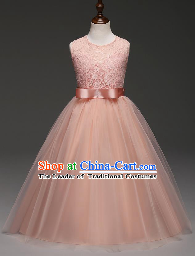 Children Models Show Costume Compere Pink Lace Full Dress Stage Performance Clothing for Kids