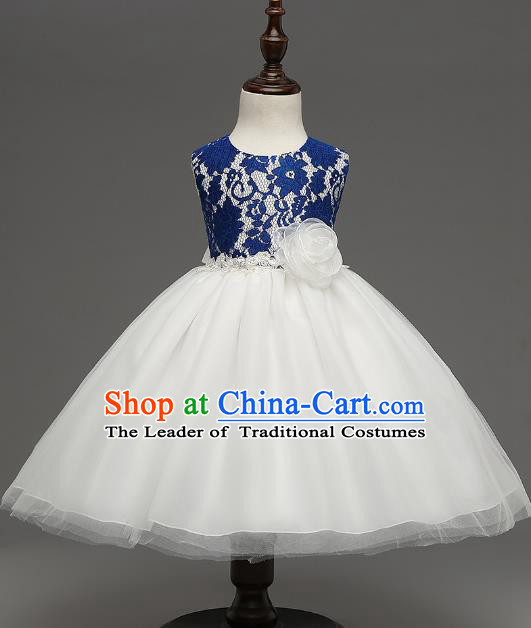 Children Catwalks Flower Fairy Costume Modern Dance Stage Performance Compere Blue Lace Full Dress for Kids