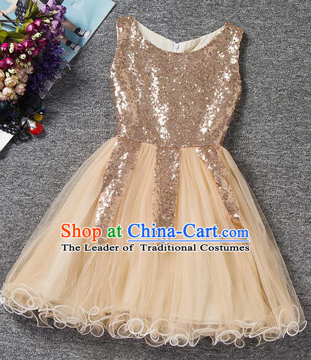 Children Fairy Princess Golden Sequins Dress Stage Performance Catwalks Compere Costume for Kids