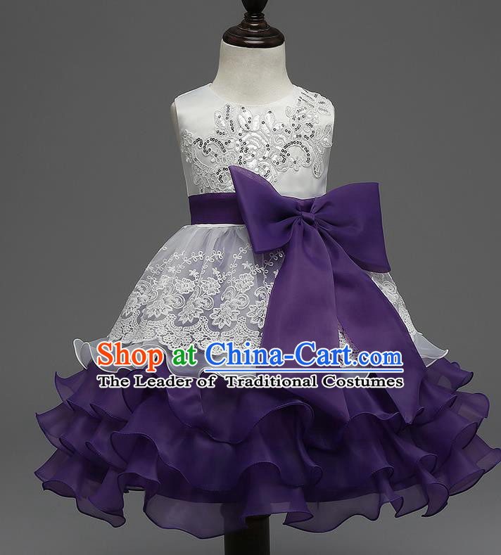 Children Flower Fairy Costume Modern Dance Stage Performance Catwalks Compere Purple Full Dress for Kids