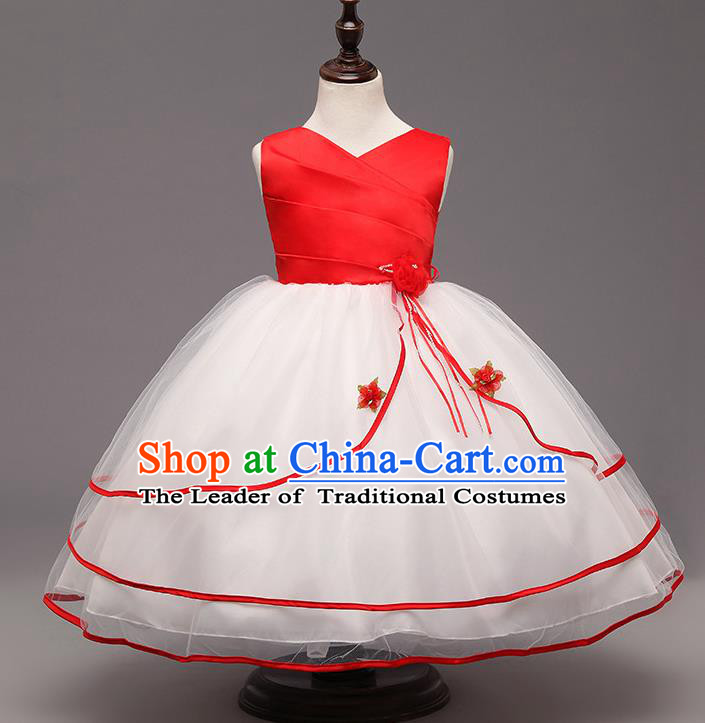 Children Flower Fairy Costume Compere Modern Dance Stage Performance Catwalks Red Dress for Kids