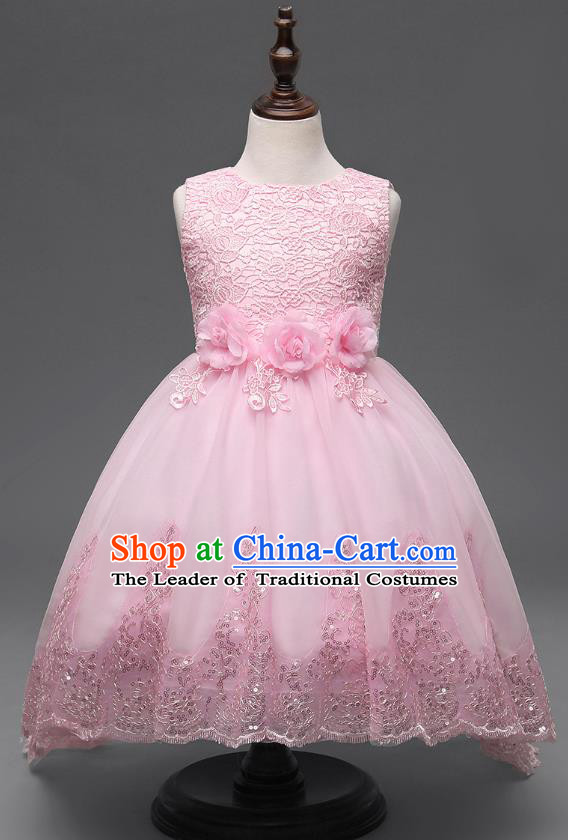 Children Fairy Princess Pink Lace Dress Stage Performance Catwalks Compere Costume for Kids