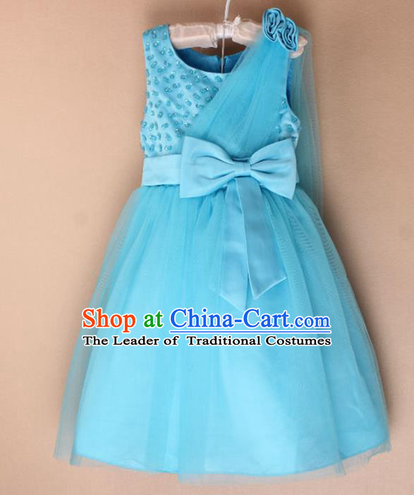 Children Fairy Princess Bowknot Blue Dress Stage Performance Catwalks Compere Costume for Kids