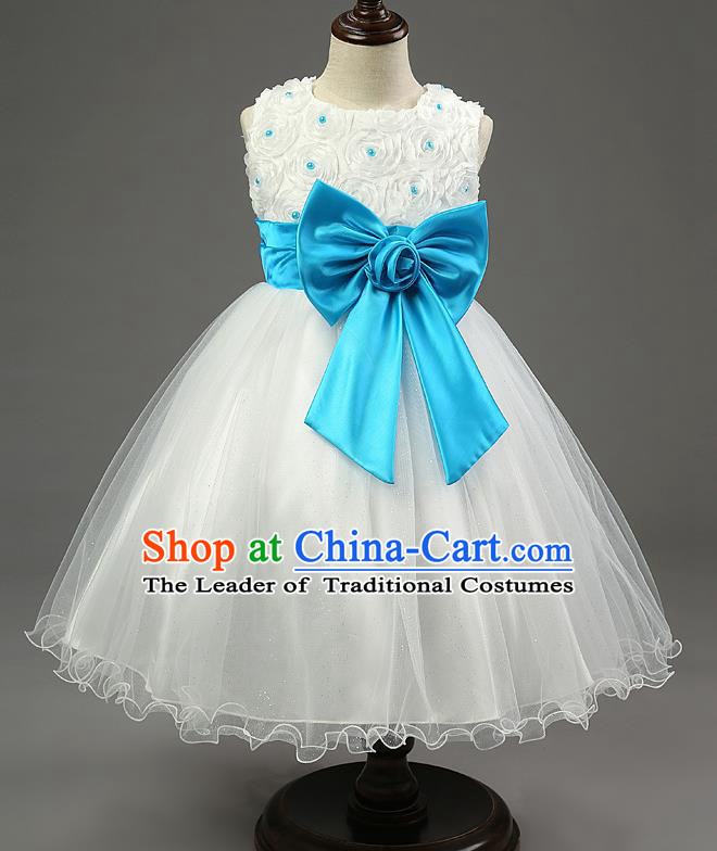 Children Fairy Princess Blue Bowknot Dress Stage Performance Catwalks Compere Costume for Kids