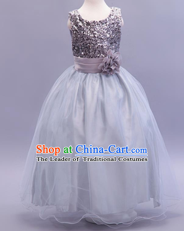 Children Modern Dance Grey Sequins Dress Stage Performance Catwalks Compere Costume for Kids