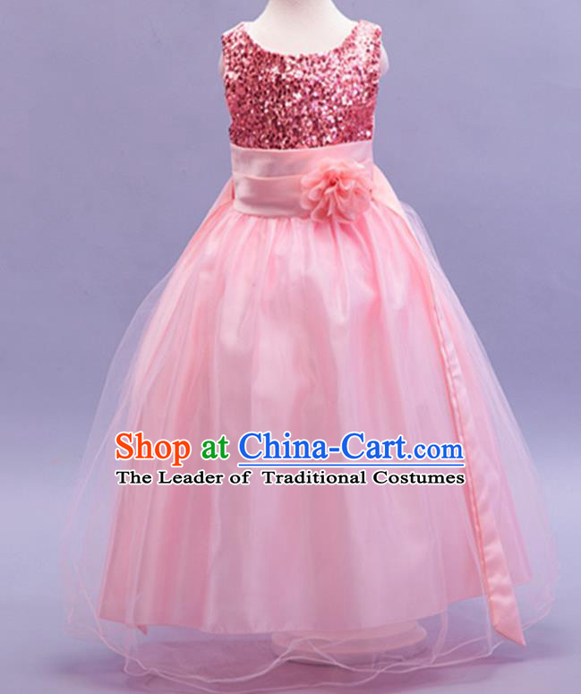 Children Modern Dance Pink Sequins Dress Stage Performance Catwalks Compere Costume for Kids