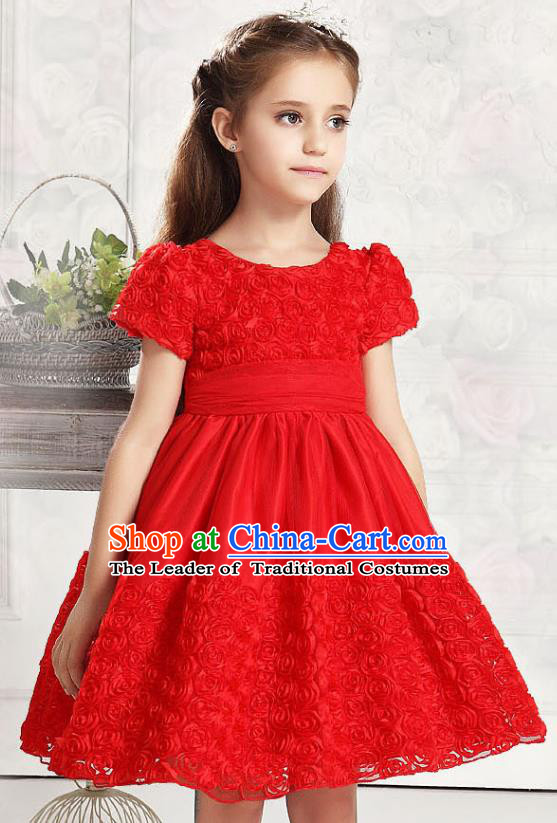 Children Modern Dance Red Rose Dress Stage Performance Catwalks Compere Costume for Kids
