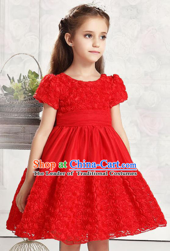 Children Modern Dance Red Rose Dress Stage Performance Catwalks Compere Costume for Kids