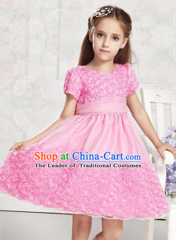 Children Modern Dance Pink Rose Dress Stage Performance Catwalks Compere Costume for Kids