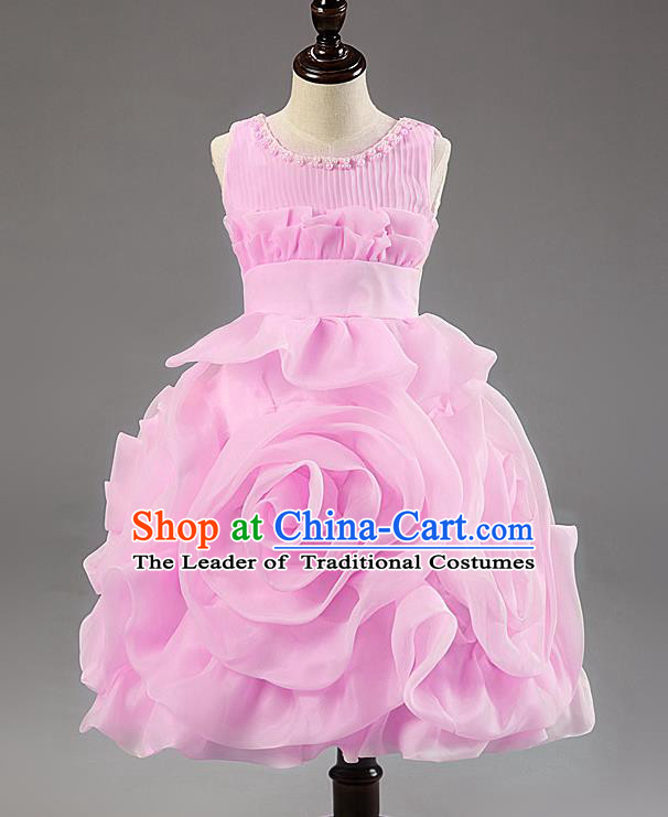 Children Modern Dance Princess Dress Stage Performance Catwalks Compere Pink Rose Costume for Kids