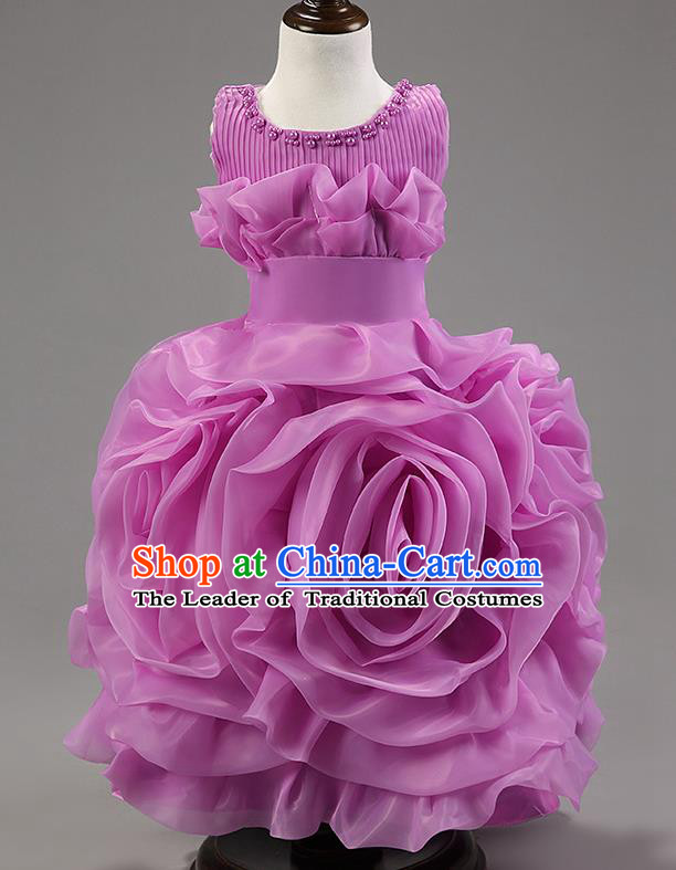 Children Modern Dance Princess Dress Stage Performance Catwalks Compere Purple Rose Costume for Kids