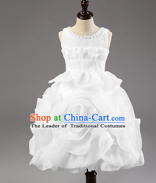 Children Modern Dance Princess Dress Stage Performance Catwalks Compere White Rose Costume for Kids