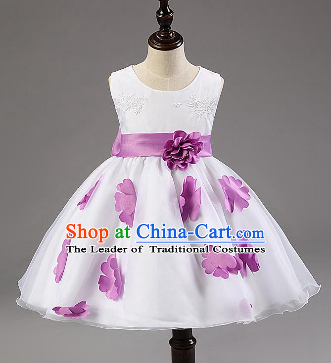 Children Modern Dance Compere Purple Flowers Full Dress Stage Performance Catwalks Costume for Kids