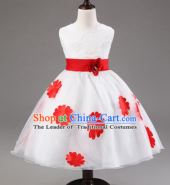 Children Modern Dance Compere Red Flowers Full Dress Stage Performance Catwalks Costume for Kids