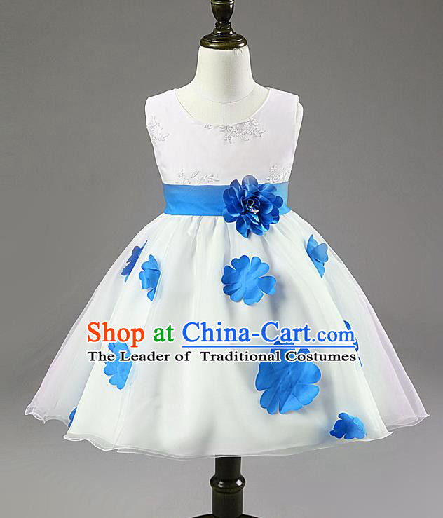 Children Modern Dance Compere Blue Flowers Full Dress Stage Performance Catwalks Costume for Kids