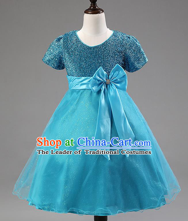 Children Modern Dance Blue Bowknot Bubble Dress Stage Performance Compere Catwalks Costume for Kids