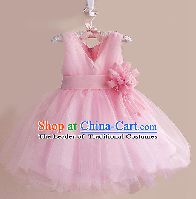 Children Modern Dance Pink Flower Bubble Dress Stage Performance Compere Catwalks Costume for Kids