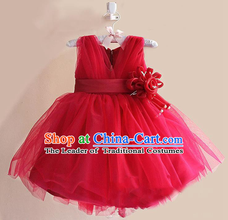 Children Modern Dance Red Flower Bubble Dress Stage Performance Compere Catwalks Costume for Kids