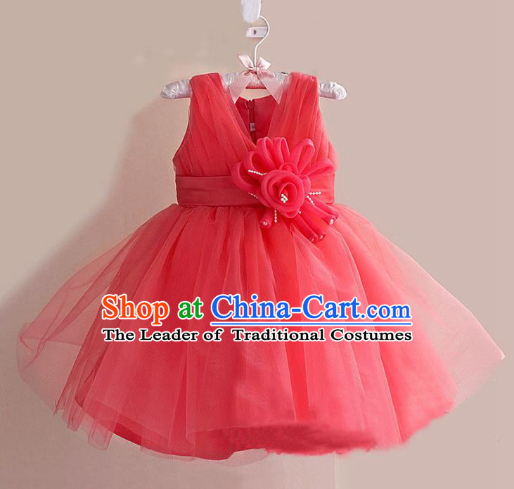 Children Modern Dance Watermelon Red Flower Bubble Dress Stage Performance Compere Catwalks Costume for Kids