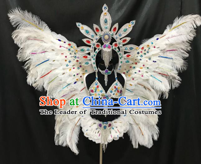 Children Catwalks Costume Brazilian Carnival Samba Dance White Feather Swimsuit and Butterfly Wings Headwear for Kids