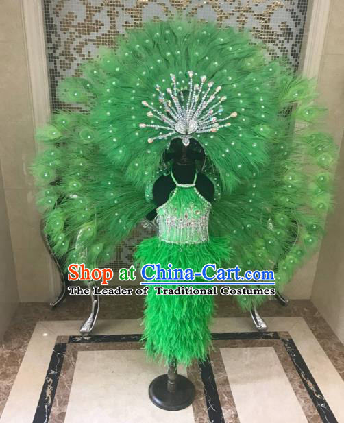 Children Catwalks Costume Brazilian Carnival Samba Dance Green Feather Swimsuit and Wings Headwear for Kids