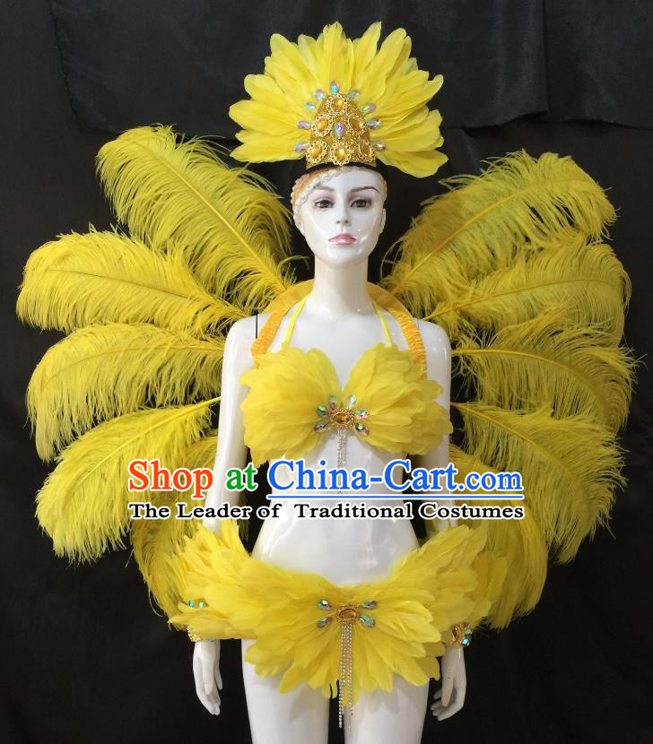 Top Grade Brazilian Carnival Samba Dance Costume Miami Catwalks Yellow Feather Swimsuit and Angel Wings for Women