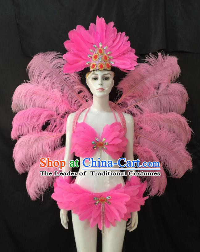 Top Grade Brazilian Carnival Samba Dance Costume Miami Catwalks Pink Feather Swimsuit and Angel Wings for Women