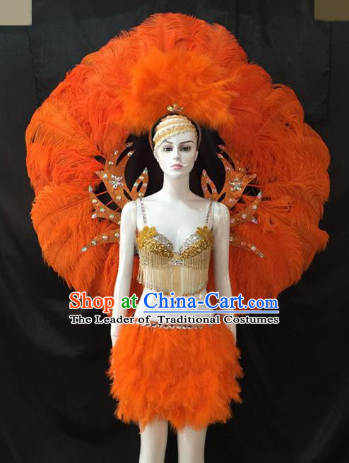 Top Grade Brazilian Carnival Samba Dance Costumes Halloween Miami Catwalks Orange Feather Swimsuit and Wings for Women