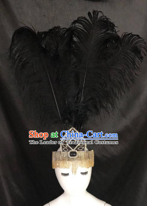 Brazilian Carnival Samba Dance Hair Accessories Miami Deluxe Crystal Black Feather Headdress for Kids