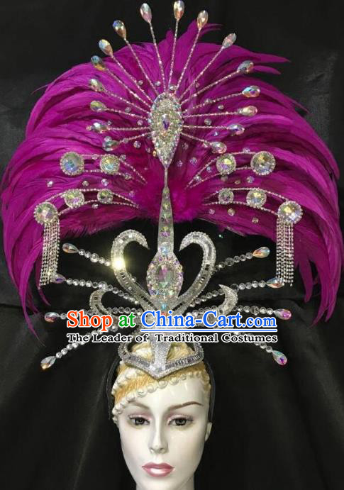 Brazilian Carnival Samba Dance Deluxe Hair Accessories Dionysia Miami Catwalks Purple Feather Headdress for Women