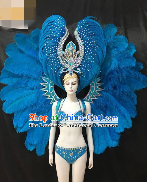 Brazilian Rio Carnival Blue Feather Costumes Halloween Catwalks Swimsuit and Deluxe Feather Wings Headwear for Women