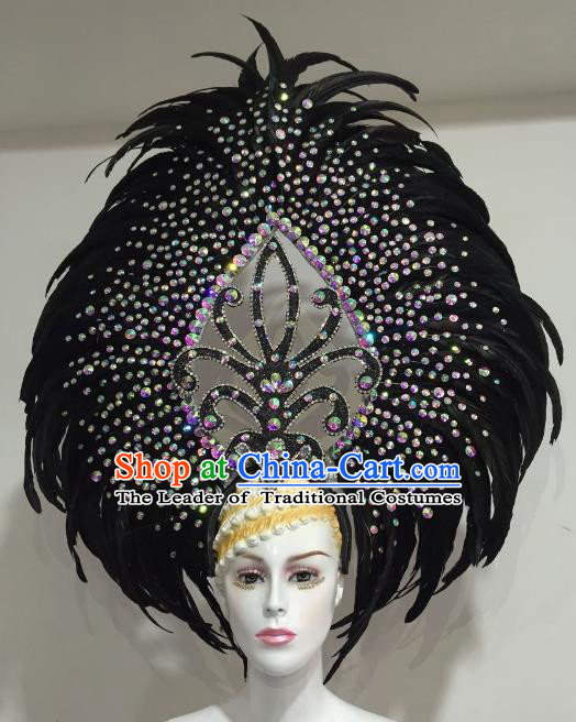 Brazilian Samba Dance Black Feather Hair Accessories Rio Carnival Catwalks Deluxe Headwear for Women