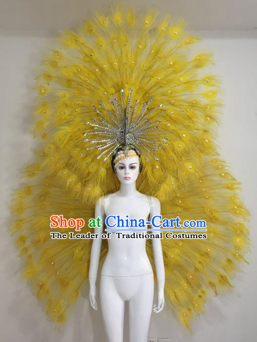 Brazilian Catwalks Samba Dance Props Rio Carnival Yellow Feather Angel Wings and Headwear for Women