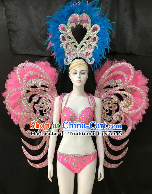 Brazilian Rio Carnival Samba Dance Costumes Halloween Catwalks Swimsuit and Pink Feather Butterfly Wings Headwear for Women