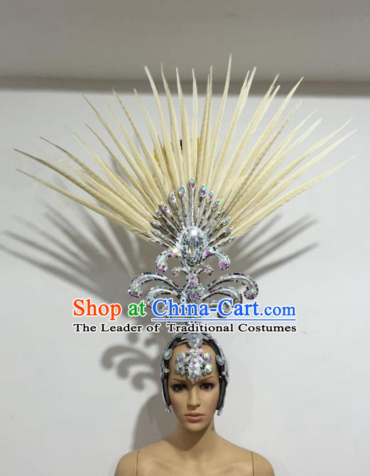 Brazilian Samba Dance Queen Hair Accessories Rio Carnival White Ostrich Feather Deluxe Headwear for Women