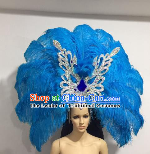 Brazilian Samba Dance Catwalks Hair Accessories Rio Carnival Blue Ostrich Feather Deluxe Headwear for Women