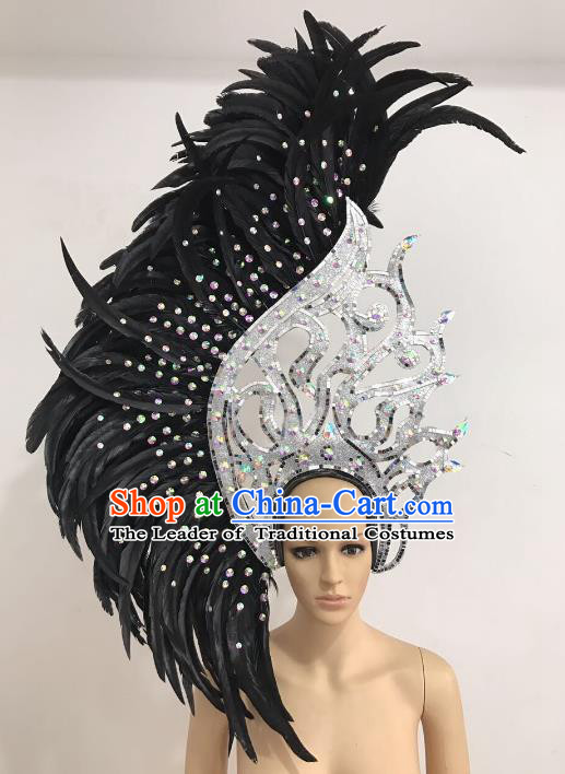 Brazilian Carnival Catwalks Hair Accessories Rio Samba Dance Black Ostrich Feather Deluxe Headwear for Women