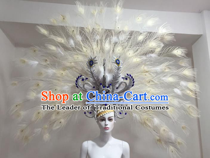 Brazilian Samba Dance White Ostrich Feather Hair Accessories Rio Carnival Catwalks Deluxe Headwear for Women