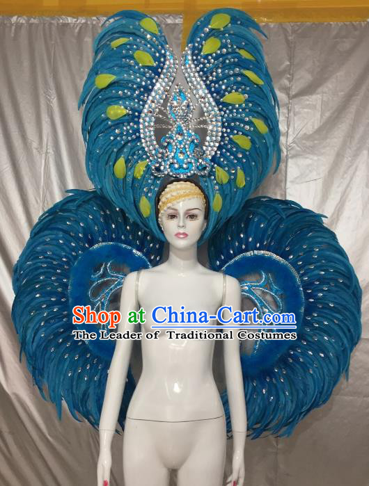 Top Grade Brazilian Carnival Samba Dance Props Catwalks Blue Feather Wings and Headwear for Women