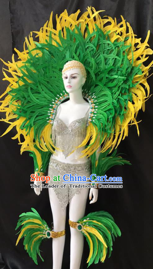 Brazilian Rio Carnival Samba Dance Green Feather Costumes Halloween Catwalks Deluxe Feather Swimsuit and Wings for Women